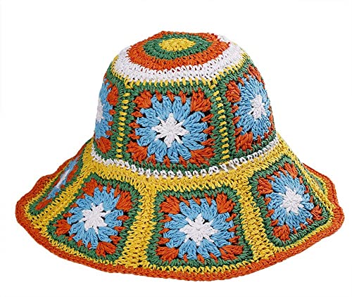Women Straw Sun Hat Floral Woven Crochet Bucket Hat Y2k Aesthetic Accessories Beach Hat Hand Woven Boho Foldable Cap - color: Yellow