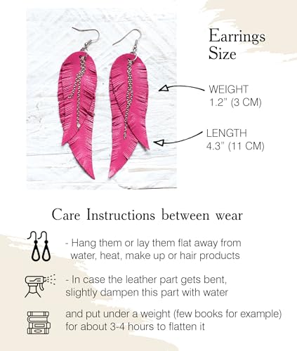 Black shiny Leather Feather Earrings for Women, Lightweight Minimal Boho Dangle Earrings, Small Simple Everyday Jewelry - color: Pink fuchsia