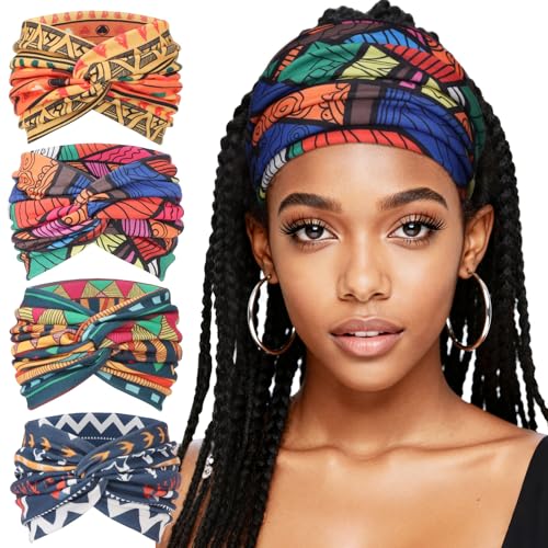 AQOKKA Extra Wide Headbands for Women Large Turban Headband Non Slip Boho Elastic Hairband Hair Twisted Knot Head Bands Accessories - color: 4 Pcs: African Print A
