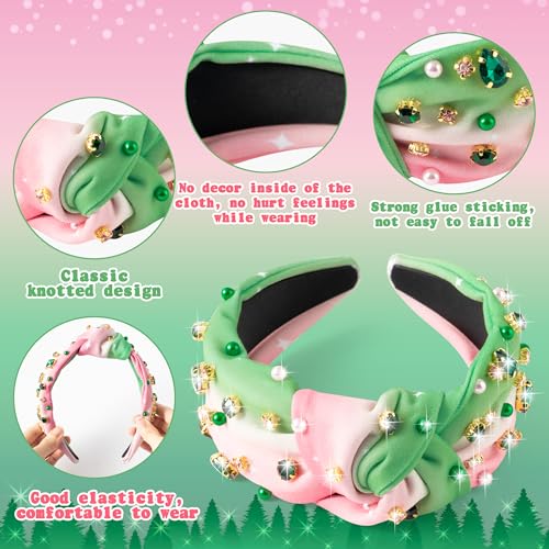 PANTIDE Witch Musical Jeweled Knotted Headband - Witch Musical Fans Gift Pearl Crystal Embellished Headband Wide Top Knot Fashion Pink Hairband Accessories Birthday for Women Girls (Green Rhinestone) - color: Pink Green Rhinestone