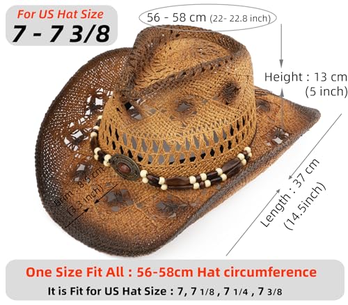 Straw Cowboy Hat for Women and Men with Shapeable Wide Brim Sun Beach Western Cowgirl Hat - color: Khaki-paint