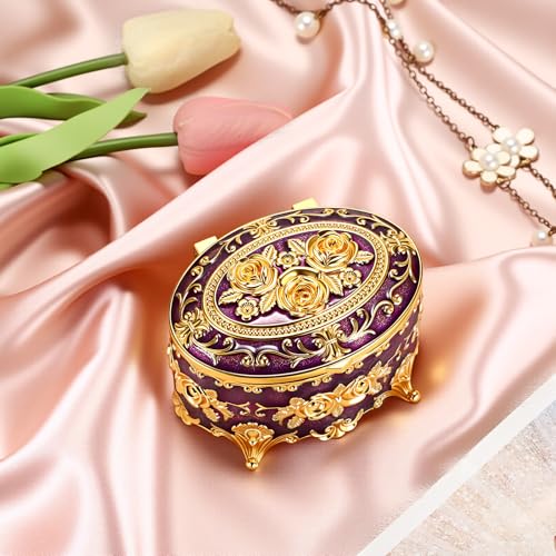 Hipiwe Vintage Oval Jewelry Storage Box Metal Trinket Organizer Purple Treasure Chest Box for Earring Necklace Ring Holder Gift for Women - color: Purple