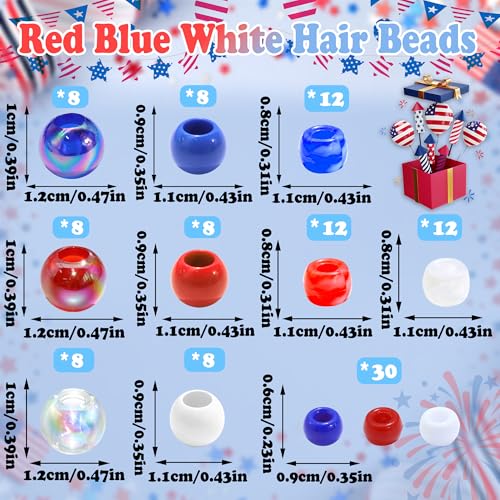 NAISKA 114PCS 4th of July Beads for Hair Blue Red Hair Beads Patriotic Bead Sets 12 Styles Loc Bead 250th Anniversary Independence Day Hair Accessories for Kids Girls - color: Blue&Red&White