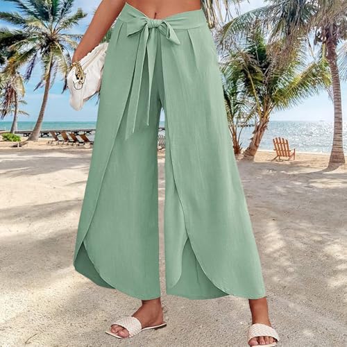 Wide Leg Tie Belted Linen Capri Pants for Women Casual High Waist Irregular Split Hem Palazzo Cropped Trousers - color: Green, size: Medium