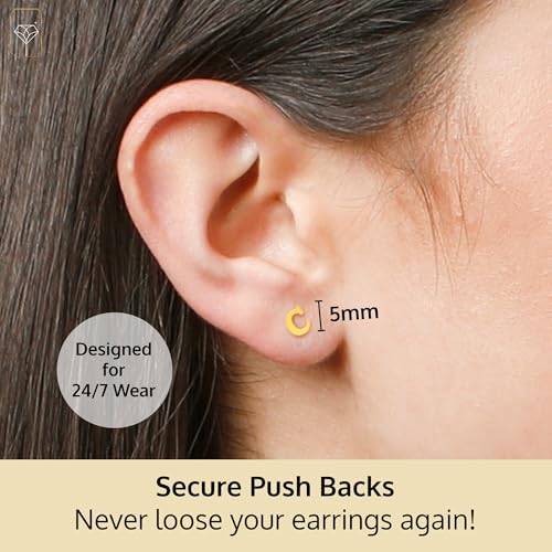 14k Gold Small Script Initial Letter Stud Earrings for Women | Anti Tarnishing 5mm 14k Gold Studs | A-Z Alphabet Earrings with Gift Box by MAX + STONE - style: C | Yellow Gold