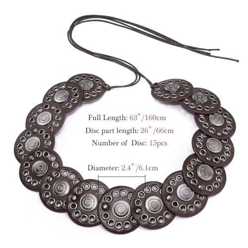 Women Western Disc Belt Boho Disk Concho Leather Belts Adjustable Knot Tie Waist Belts for Dresses - color: Coffee