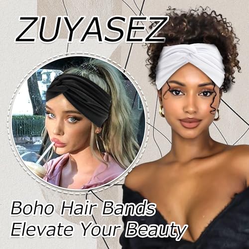 4 Pack Wide Headbands for Women Twist Headbands Stretchy Boho Turban Hair Band Non Slip Workout Women Head Wraps Accessories (Black White) - color: Black White
