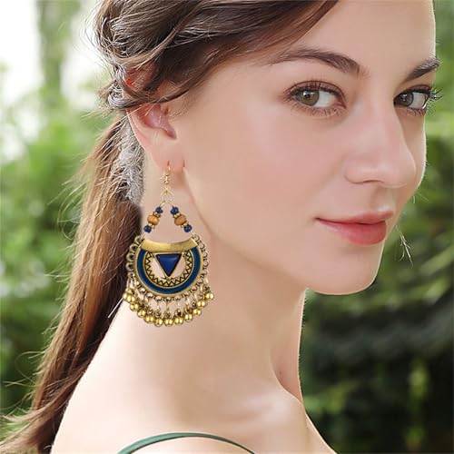 Vintage Boho Statement Drop Dangle Earrings for Women Bohemian Ethnic Handmade Beaded Charms Earring Bohemian Retro Chandelier Tassel Earrings Mexico Gypsy Jewelry Gift - color: G Blue Triangle