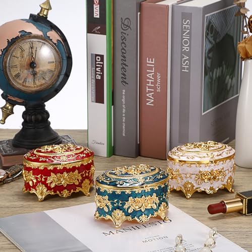 Hipiwe Vintage Metal Jewelry Box - Oval Trinket Organizer Ring Box Case with Rose Pattern Jewelry Storage Box for Ring Earrings Necklace, Gift for Women - color: Beige