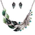 YAZILIND Ethnic Style Tibetan Silver Peacock Crystal Chunky Bib Earrings Necklace Set Wedding Party - color: Green