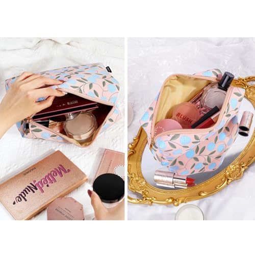 MAANGE 2PCS Makeup Bag for Women, Cosmetic Bag Set, Portable Travel Makeup Bag, Bolsa de Maquillaje, Impermeable Oxford Cloth Make Up Organizer with Gold Zipper(Pink Plants) - color: 2 PCS