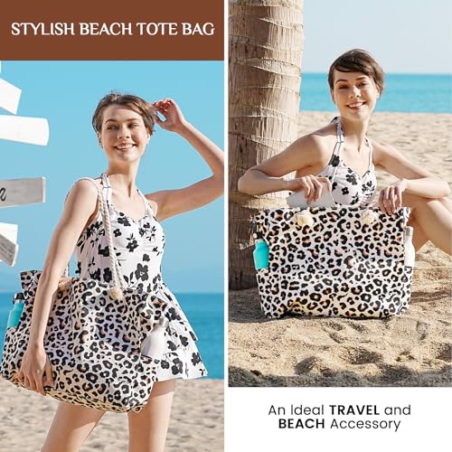 Clothirily Beach Bag for Women - Large Beach Tote Bag, Waterproof Sandproof Beach Bag with Zipper, Large Swim Pool Beach Tote - color: Leopard Print