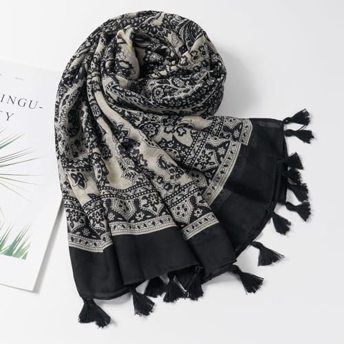 QIUTIMIY Scarf for Women Lightweight Soft Floral Leopard Printed Scarves Fall Winter Fashion Shawl Wrap with Fringe - color: Black Beige