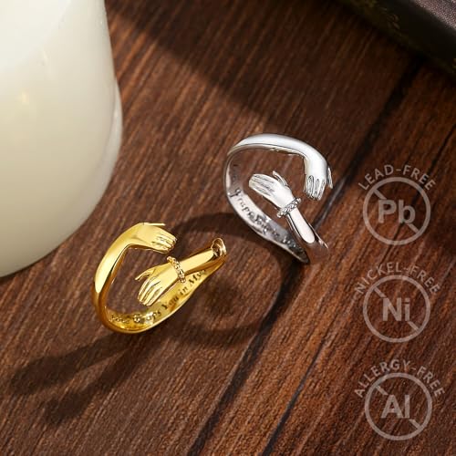 Vito 925 Sterling Silver Adjustable Open Spoon Ring for Women Men, Lotus Sunflower Snake Spoon Band Rings Feather Hug Witches Knot Inspirational Jewelry Gift for Wife - style: hug ring-silver
