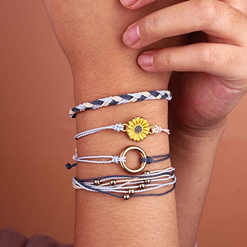 FANCY SHINY Easter Gifts Basket Stuffers Sunflower String Bracelet Boho Braided Rope Wrap Bracelets Cute Summer Beach Surfer Jewelry for Women - color: Ivory