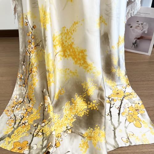 Long Silk Like Scarf Lightweight Satin Scarves Large Sunscreen Shawl Wrap for Women - color: 021.flowers Yellow