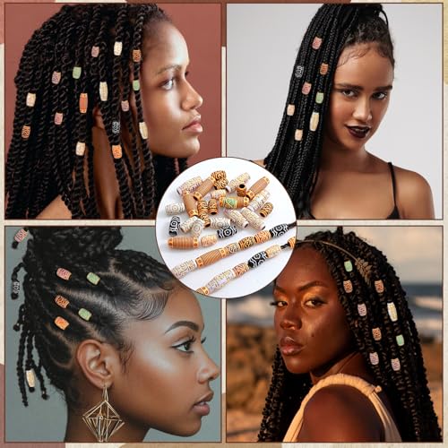 38Pcs Wooden Hair Beads for Braids and Dreadlocks, Loc Jewelry Bead for Black Women and Men, Multi Shape Beads for Necklace Bracelet Hair DIY Craft Handmade Decoration Dreadlock Accessories