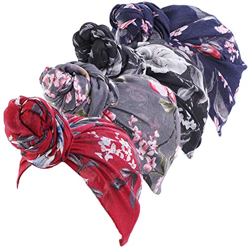 Qianmome Womens Big Flower Turban Beanie Elegant Cap Head Wrap Stretch Long Hair Scarf Headscarf - color: 4pieces-25-style 1