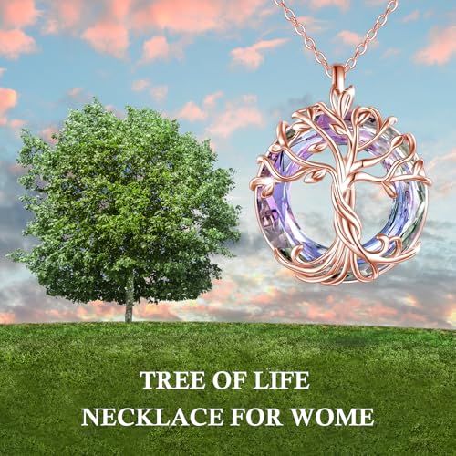 TOUPOP Tree of Life Necklace Gifts for Women 925 Sterling Silver Family Tree Pendant with Crystal Birthday Irish Jewelry Gifts for Women Her Wife Mom - color: 02-Rose Gold-Purple Crystal