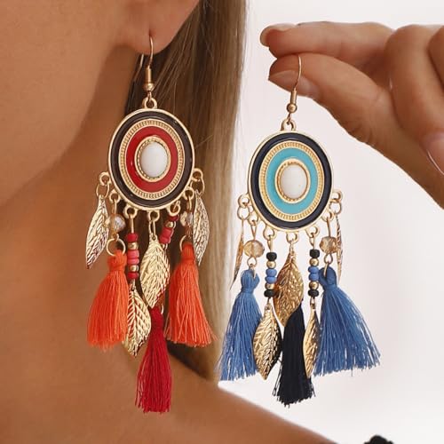 Bohemian Silk Tassels Statement Earrings Vintage Lightweight Gold Leaf Geometric Handmade Beads Drop Dangle Earring Ethnic Style Trendy Jewelry Accessories for Women - color: Red