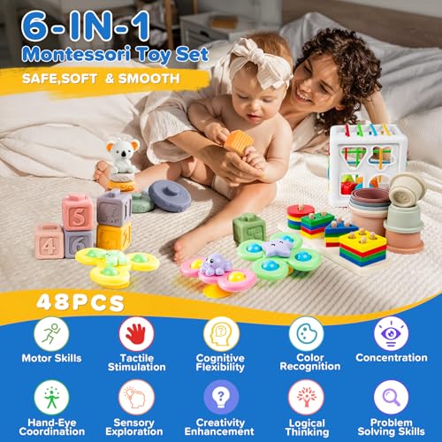 6-in-1 Baby Toys 6 to 12 Months, Montessori Toys for Babies 6-12-18 Months, Infant Teething Toy Stacking Blocks Rings Sensory Bin, Sorting Sensory Educational Learning Gift for Toddlers Aged 1-3 - size: 6 in 1