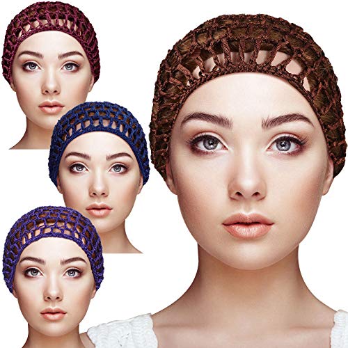 Geyoga 4 Pieces Mesh Crochet Hair Net Rayon Knit Snood Hat Thick Short Women Hairnet Snoods Cover Ornament for Sleeping (Purple, Navy Blue, Wine Red, Brown) - color: Purple, Navy Blue, Wine Red, Brown