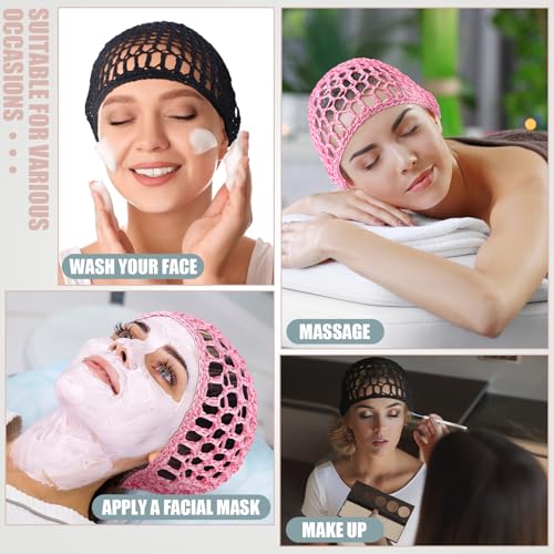 Geyoga 4 Pieces Mesh Crochet Hair Net Rayon Knit Snood Hat Thick Short Women Hairnet Snoods Cover Ornament for Sleeping (Pink,Black) - color: Pink,black