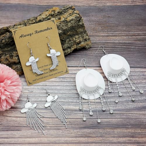 RechicGu 3 Pairs Western Cowgirl Cowboy Hat Earrings Set Silver Symmetric Boots Sparkly Rhinestone Tassels Drop Dangle Rural Culture Earrings Set For Women - color: Silver Boots,White Hat