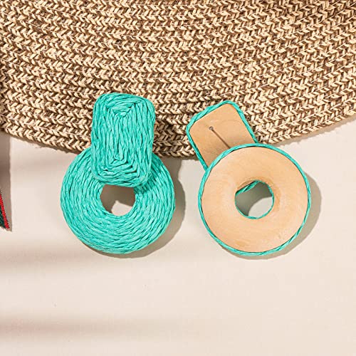 Statement Raffia Earrings Cute Boho Earrings Rattan Dangle Earrings Handmade Straw Wrap Earrings Summer Drop Dangling Earrings for Women Teen Girls - color: Turquoise Blue