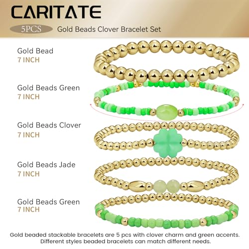 Gold Beaded Bracelets for Women: 14K Gold Bracelets for Women Trendy Dainty Gold Ball Bracelet Stack for Womens - Boho Stretch Bracelets Jewelry Sets with Cross Fashion Accessories Gifts for Women - style: clover