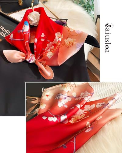 Saiusloa Neck Scarf For Womens Silky Head Scarves Hair Bandanas Square Scarf Fashion Accessories lightweight - color: 21-red Kapok