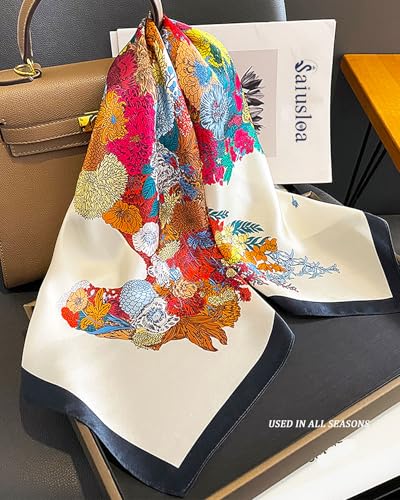 Saiusloa Neck Scarf For Womens Silky Head Scarves Hair Bandanas Square Scarf Fashion Accessories lightweight - color: 23-white Flower Pony
