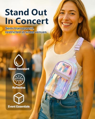 PACKISM Clear Sling Bag Stadium Approved - Clear Bag for Stadium Events & Holographic Bag for Music Festivals Jacquard Strap - color: Purple