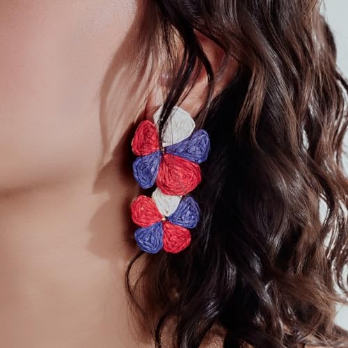 Boho Flower Earrings Statement Raffia Dangle Earrings Cute Floral Jewelry Trendy Summer Beach Vacation Outfits for Women - color: Red/White/Blue