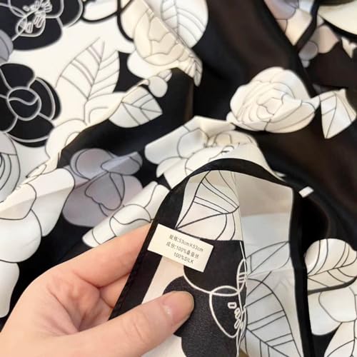 MEISEE 100% Pure Mulberry Silk Scarf 21" Square Scarf Neckerchief Headscarf Breathable Lightweight for Women Gift Packed - color: Black White Flowers