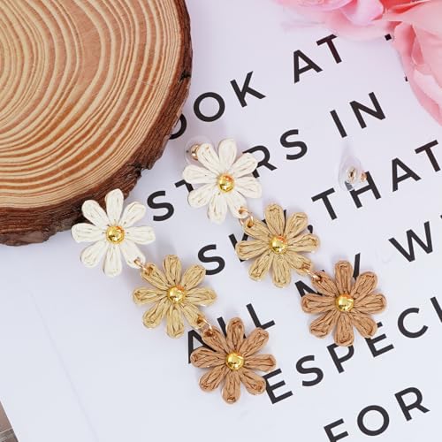 Raffia Flower Earrings Boho Handmade Straw Wrapped Drop Dangle Earrings for Women Summer Beach Jewelry - color: khaki