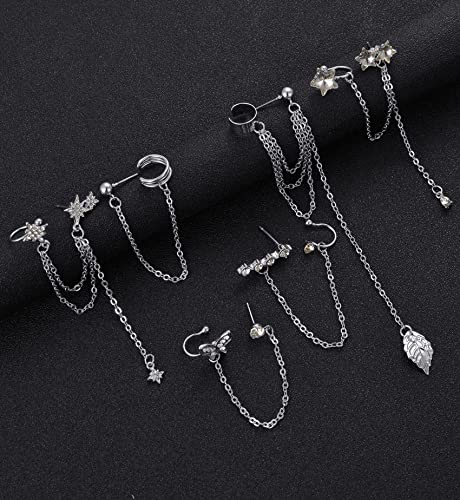 Tornito 6-12Pcs Cuff Earring Chain Leaf Snowflake Star Butterfly with CZ Crawler Climber Earring Studs Drop Dangling Chain Wrap Tassel Earring for Women Men 20G Silver Gold Tone - color: A:Silver Tone