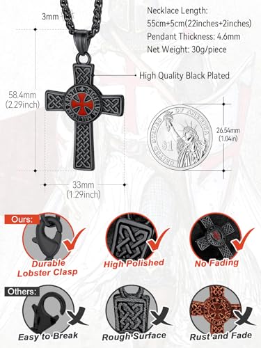 FaithHeart Knights Templar Necklace for Men, Christian Necklace for Men Stainless Steel Pendant Neckalces Christian Gifts with Gift Box - color: 02. Cross-Black