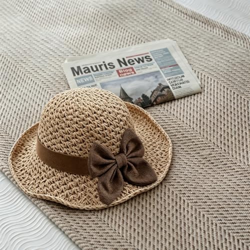 Womens Straw Hat Foldable Wide Brim Floppy Beach Sun Hats, Bucket Cap with Bowknot for Girls - color: Beige