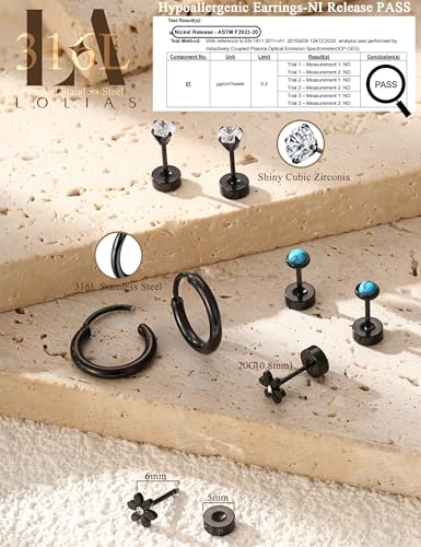 LOLIAS 21Pairs Surgical Steel Flat Back Earrings Hypoallergenic 20G Screw Back Nap Stack Cartilage Earring Stacks - color: Black-plated