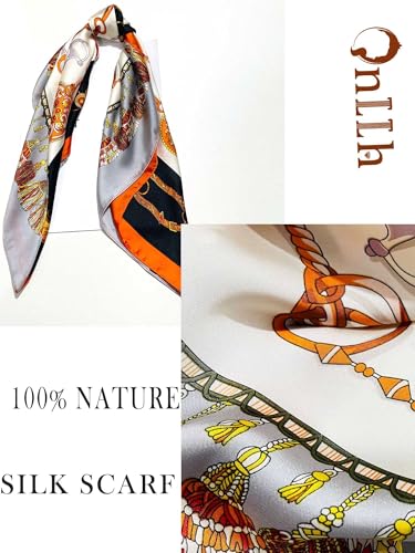 100% Mulberry Silk Scarf for Women Hair Lightweight Square Neckerchief Wrap For Head Scarves 21" - color: 10-orange Chain Clasp /21"*21"