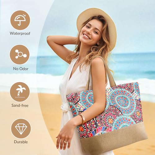Trifabricy Beach Bag for Women, Large Beach Tote Bags with Zipper, Woven Straw Tote Waterproof, Swim Gym Shopping Travel Bag - color: Bohemia