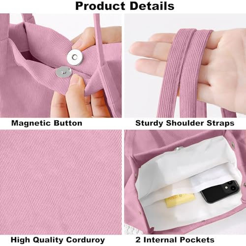 Corduroy Tote Bag for Women Small Canvas Shoulder Purse Cord Handy Bag with Inner Pocket | with Front Pocket - color: 02 Pink