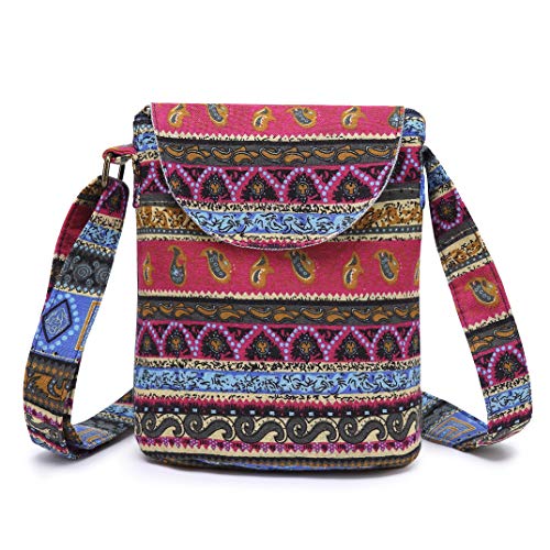 OPQRSTU Women's Retro Small Size Canvas Shoulder Bag Hippie Boho Crossbody Handbag - color: Rose Red