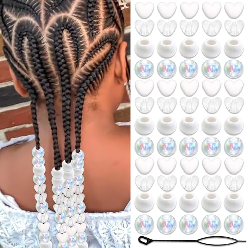 60PCS White Clear Heart Hair Beads for Braids Loc Dreadlock AB Color Round Bead Accessories Cute Acrylic Pony Beads Valentine's Day Decor for Kids Girls - color: White&Clear