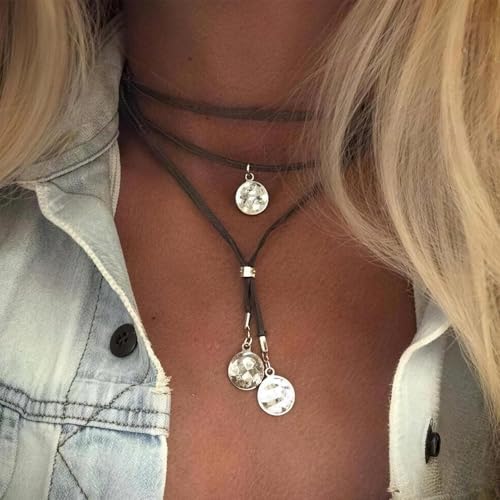 Stagecoach Festival Outfits for Women Boho Leather Necklace with Coin Pendants Long Cowgirl Western Jewelry for Women Country Concert Outfits Accessories - color: A1：Black
