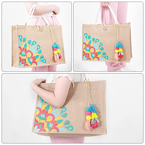 itgowisa Jute Beach Bag for Women, Burlap Beach Tote Bag with Tassel Pocket, Summer Gift for Vacation, Pool, Cruise & Grocery | Jute material - color: Colorful Tassel
