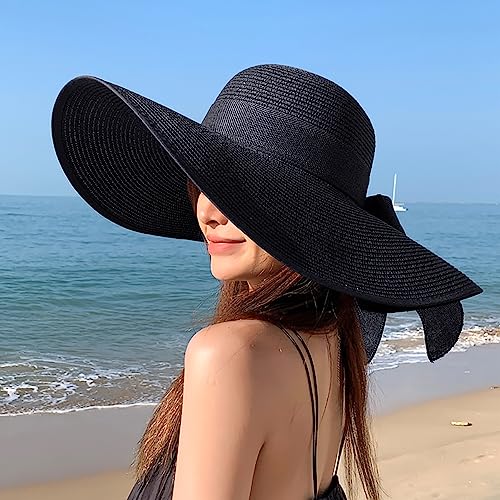 DRESHOW Beach Hats for Women Big Straw Wide Brim Summer Hat Floppy Foldable Roll up Cap Sun Hat UPF 50+ - color: Aca Black 5.9
