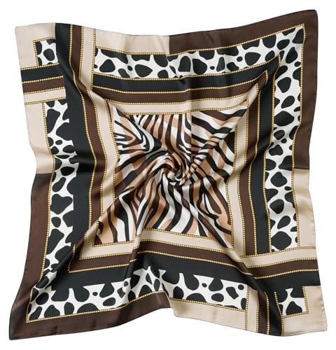 CHUNG Women's Scarf Hair Bandanas Square 27.5" Satin Wrap Fashion Pattern Scarves Emulation Silk Handbag Ribbons Necktie - color: Brown Leopard-103#