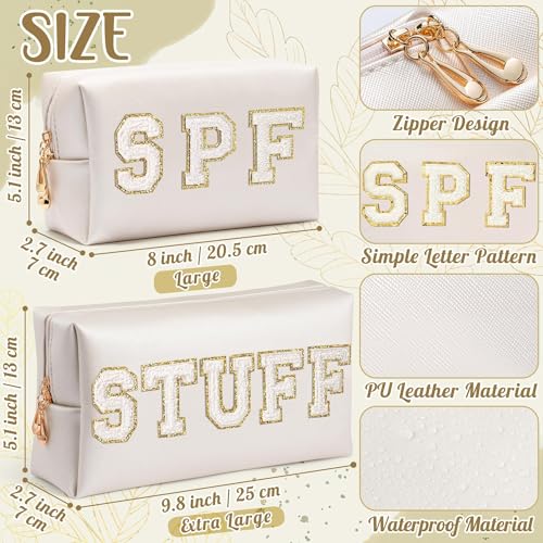 Preppy Patch Cosmetic Bags - Summer 2P White STUFF SPF Chenille Letter Makeup Bag, PU leather Travel Toiletry Kit Portable Waterproof Pouch Zipper Clutch, Holiday Party Gifts for Women Girls - color: White, style: Stuff Spf White